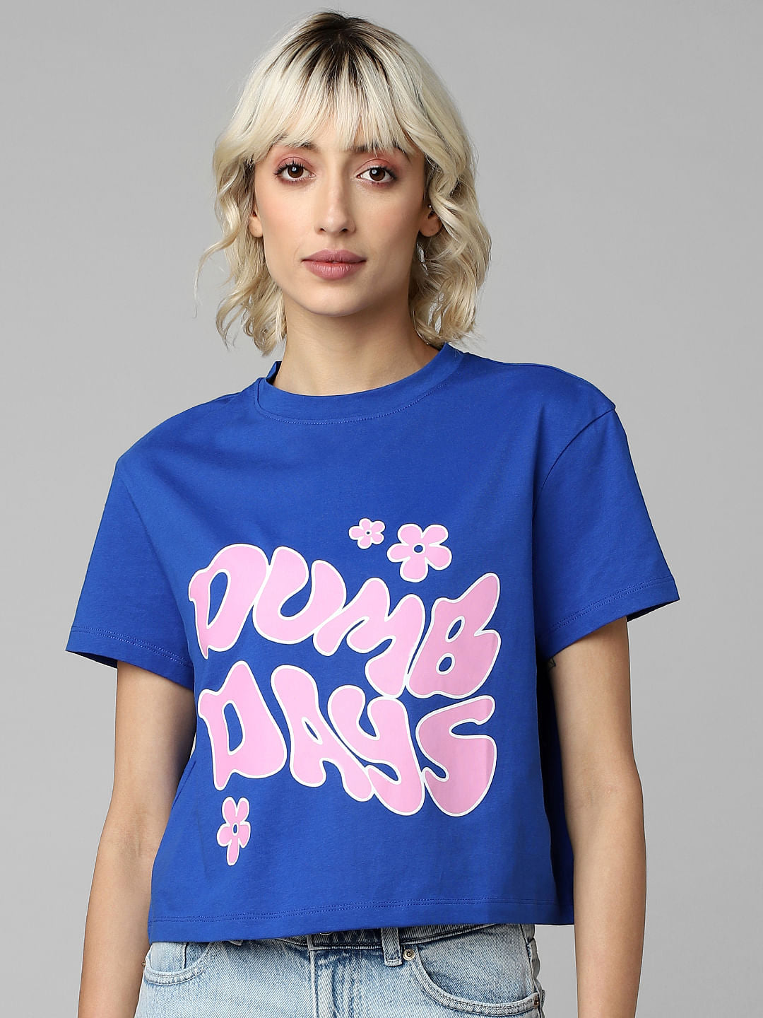 Blue Printed Cropped T-Shirt