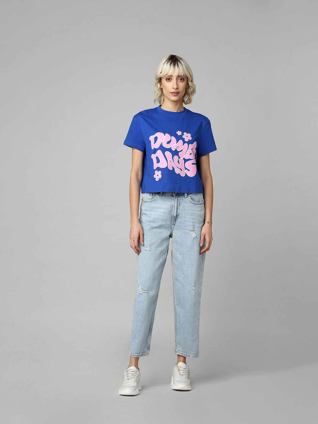 Blue Printed Cropped T-Shirt