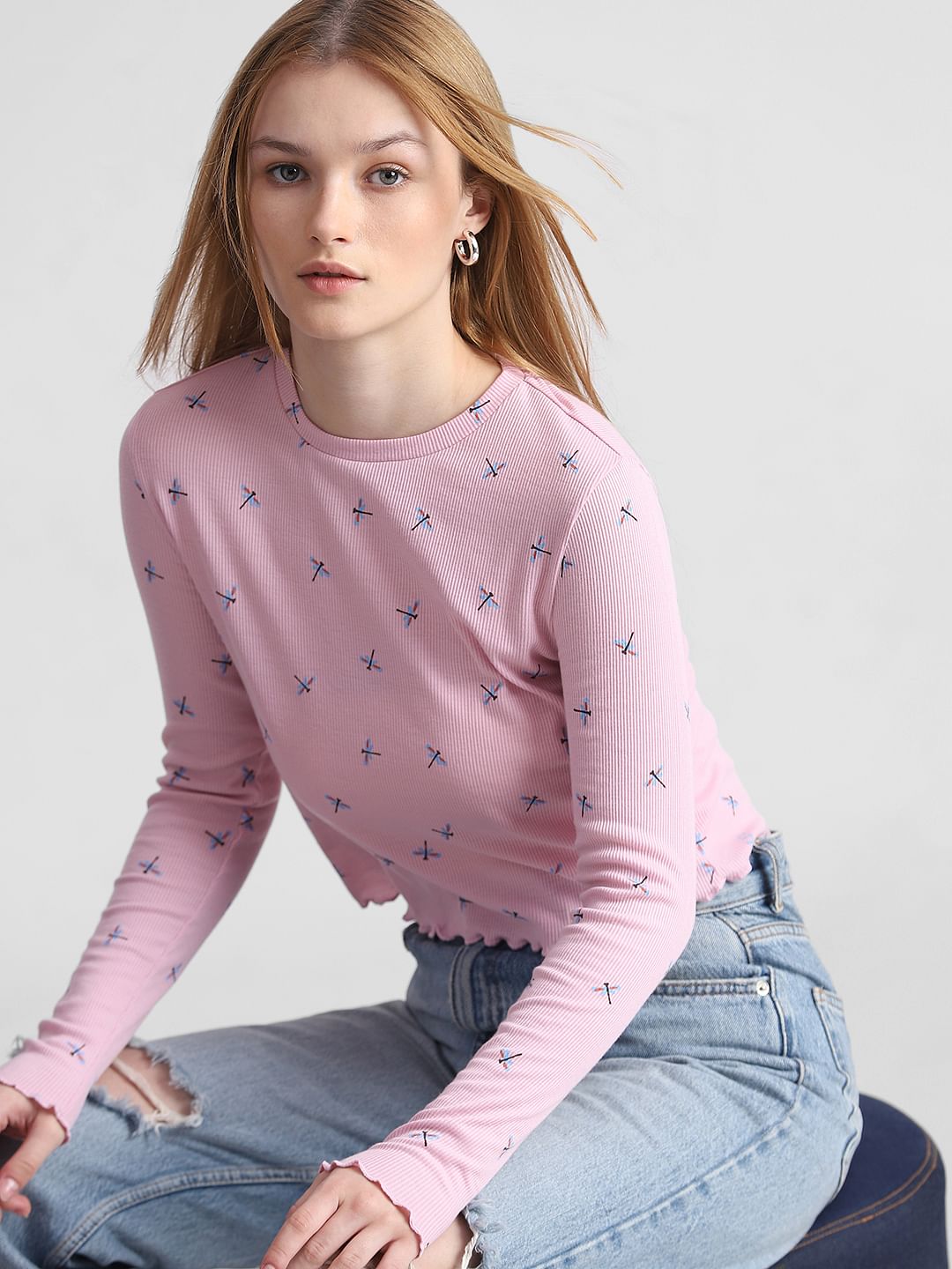 Pink Printed Ribbed T-Shirt