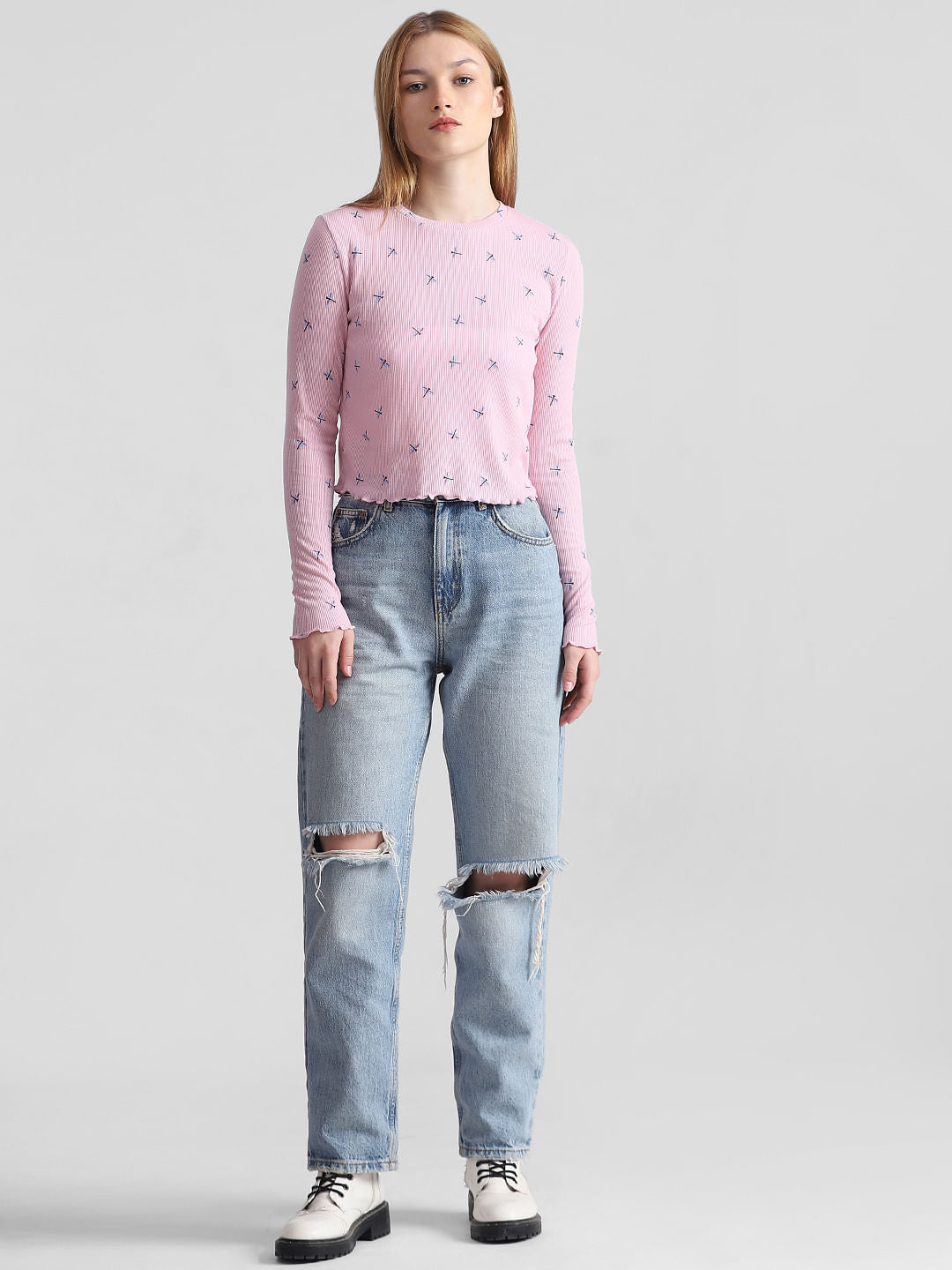 Pink Printed Ribbed T-Shirt