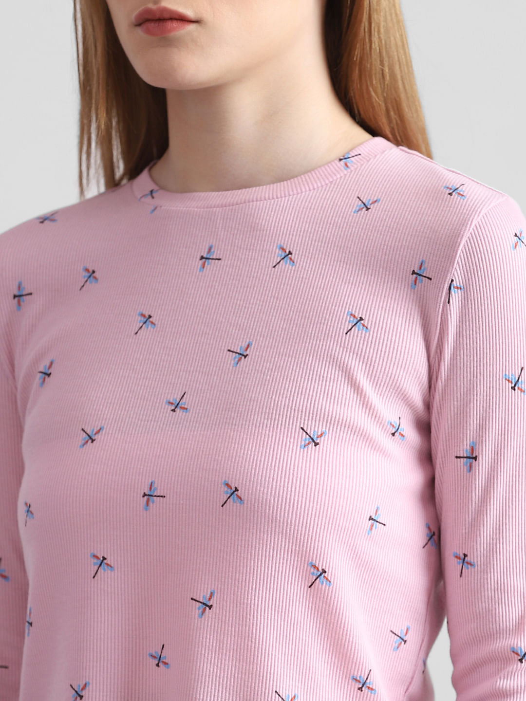 Pink Printed Ribbed T-Shirt