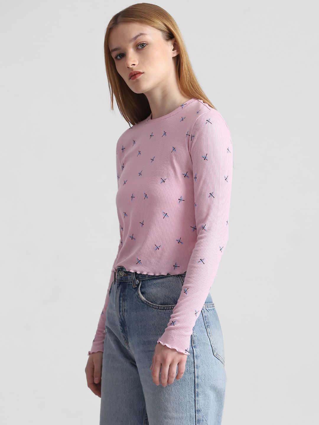 Pink Printed Ribbed T-Shirt