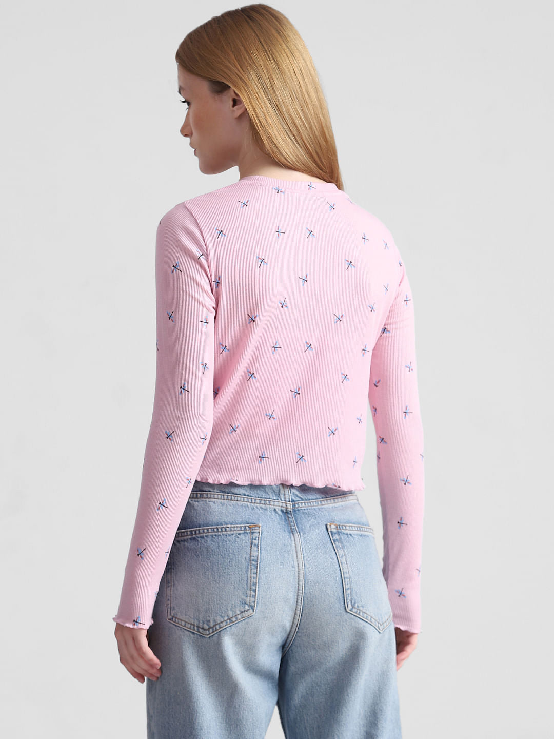 Pink Printed Ribbed T-Shirt