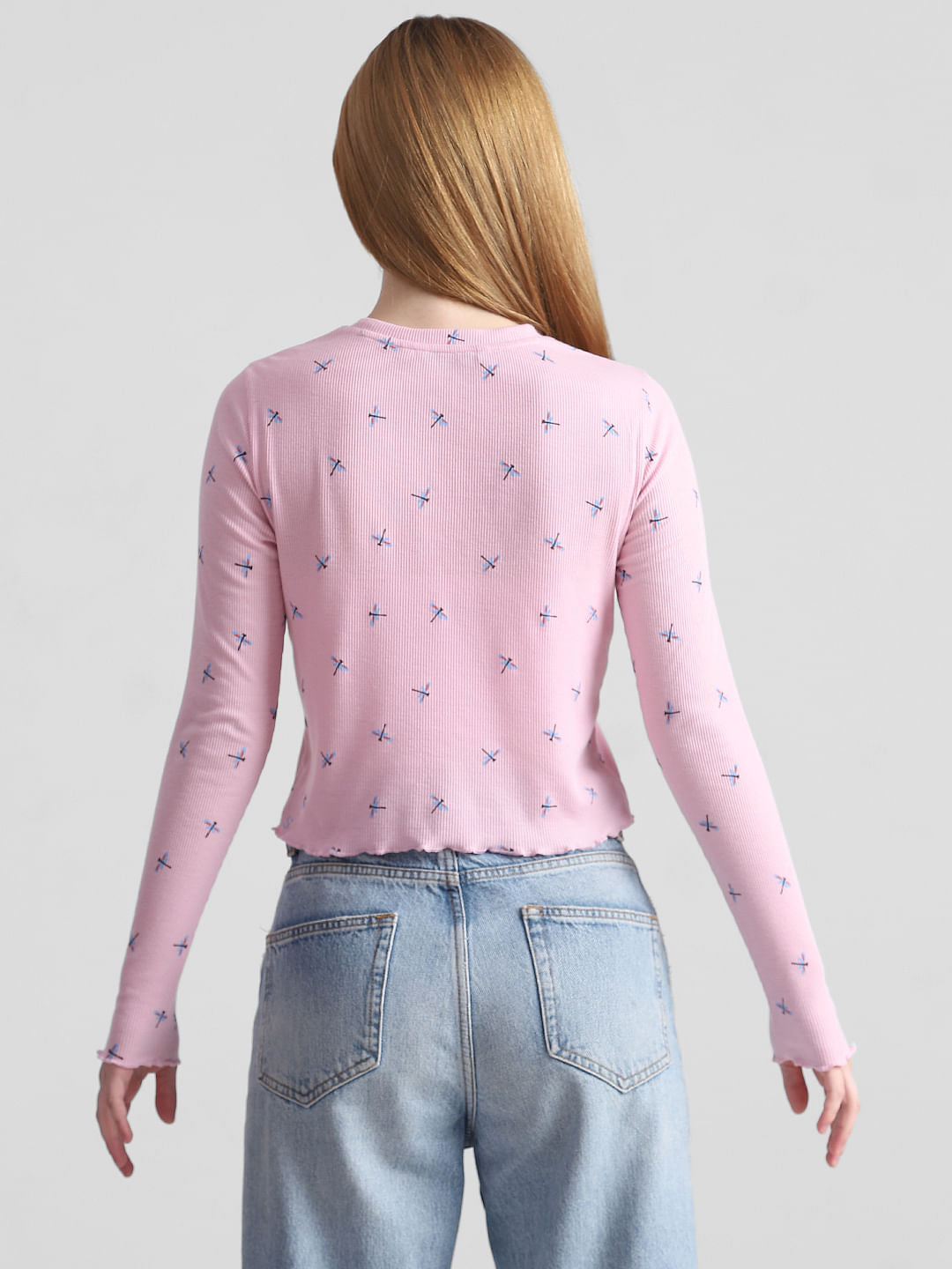 Pink Printed Ribbed T-Shirt