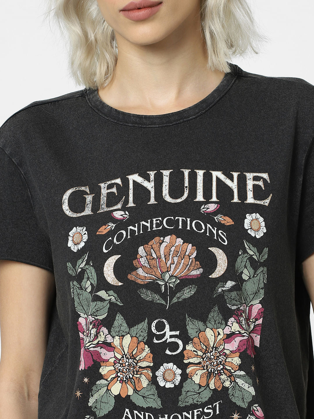 Black Printed Washed T-Shirt