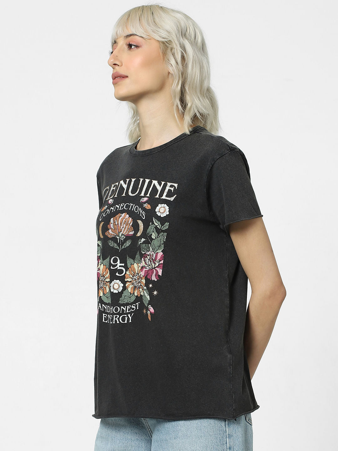 Black Printed Washed T-Shirt