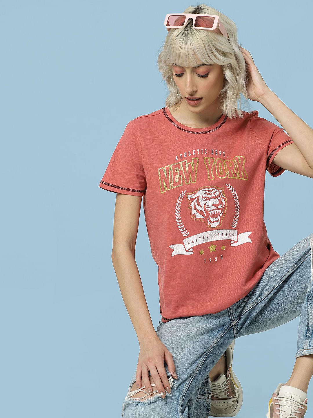 Orange Glitter Print Text T-Shirt