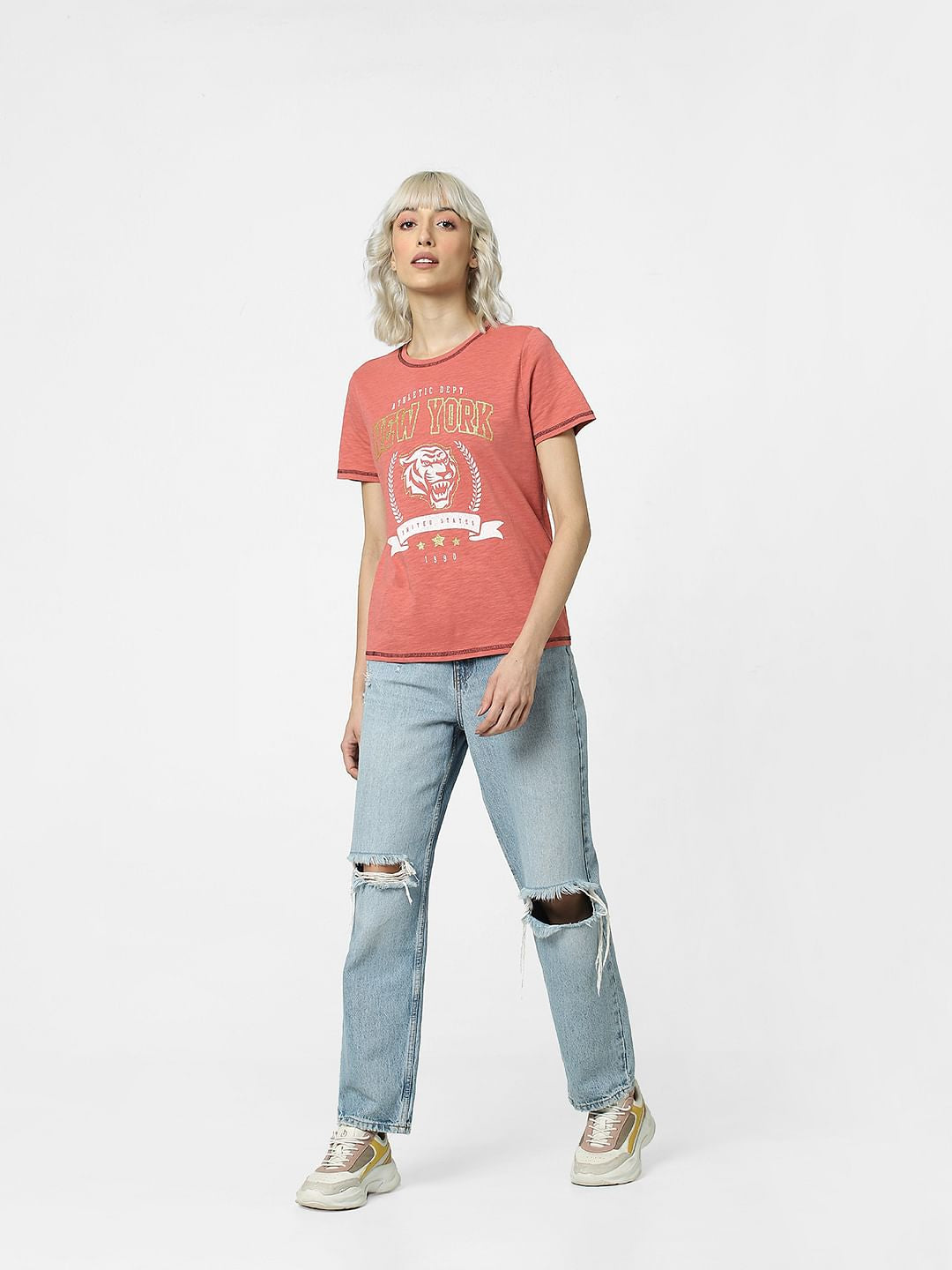 Orange Glitter Print Text T-Shirt