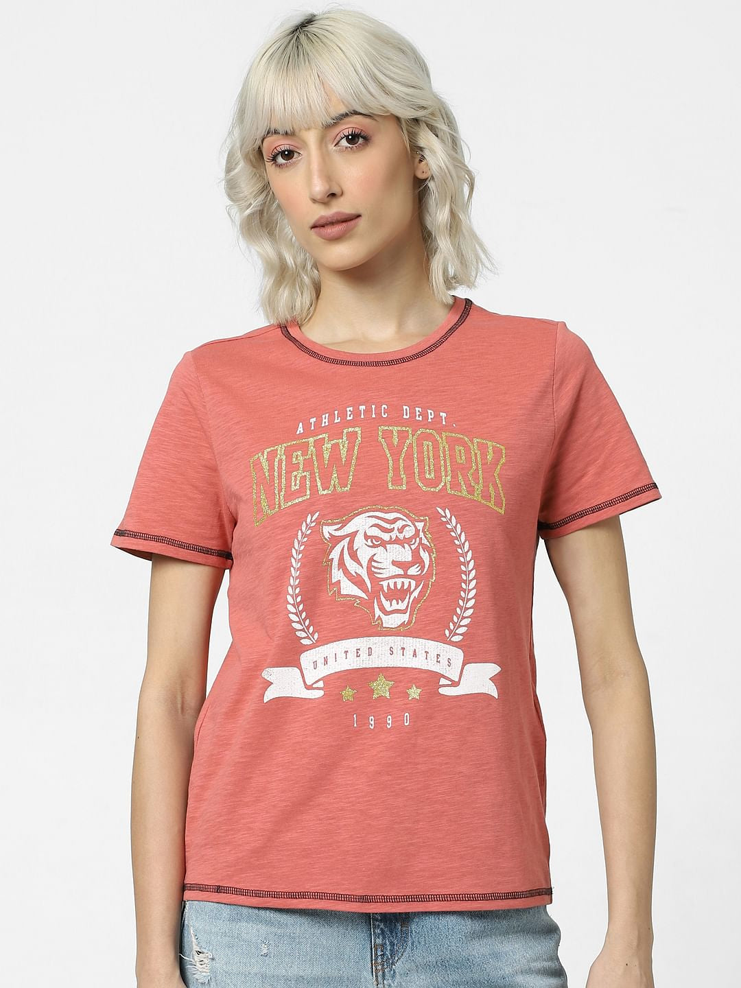 Orange Glitter Print Text T-Shirt