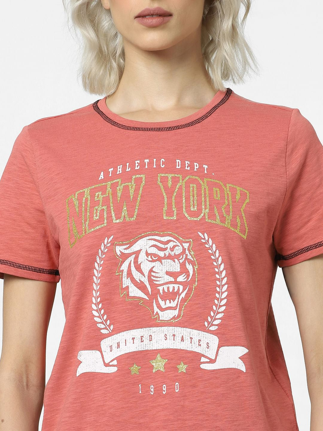 Orange Glitter Print Text T-Shirt