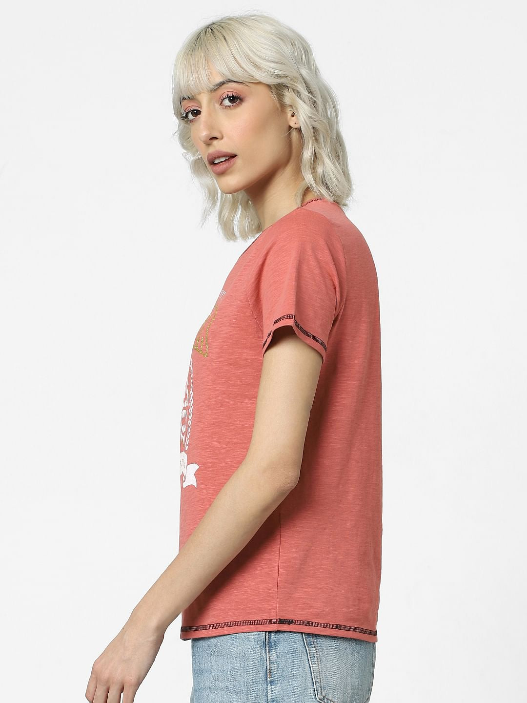 Orange Glitter Print Text T-Shirt