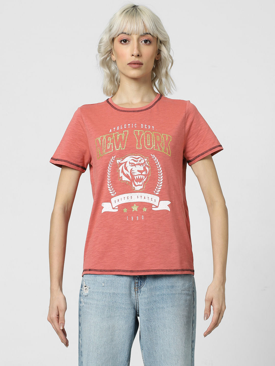 Orange Glitter Print Text T-Shirt