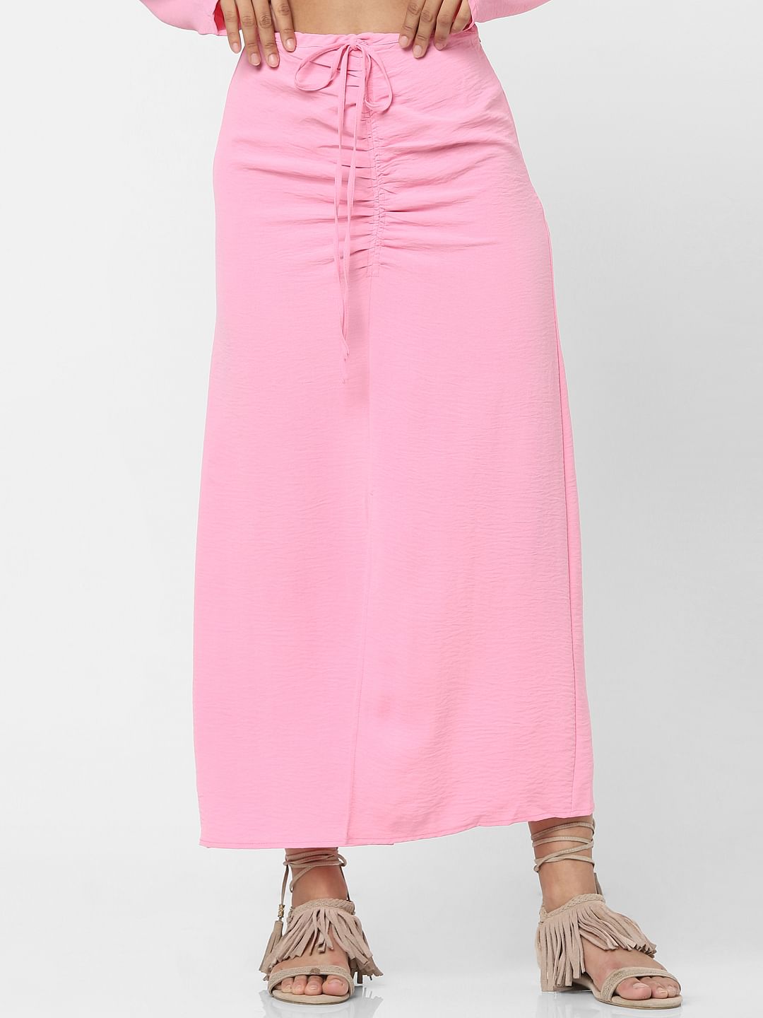 Pink Ruched Detailing Midi Skirt