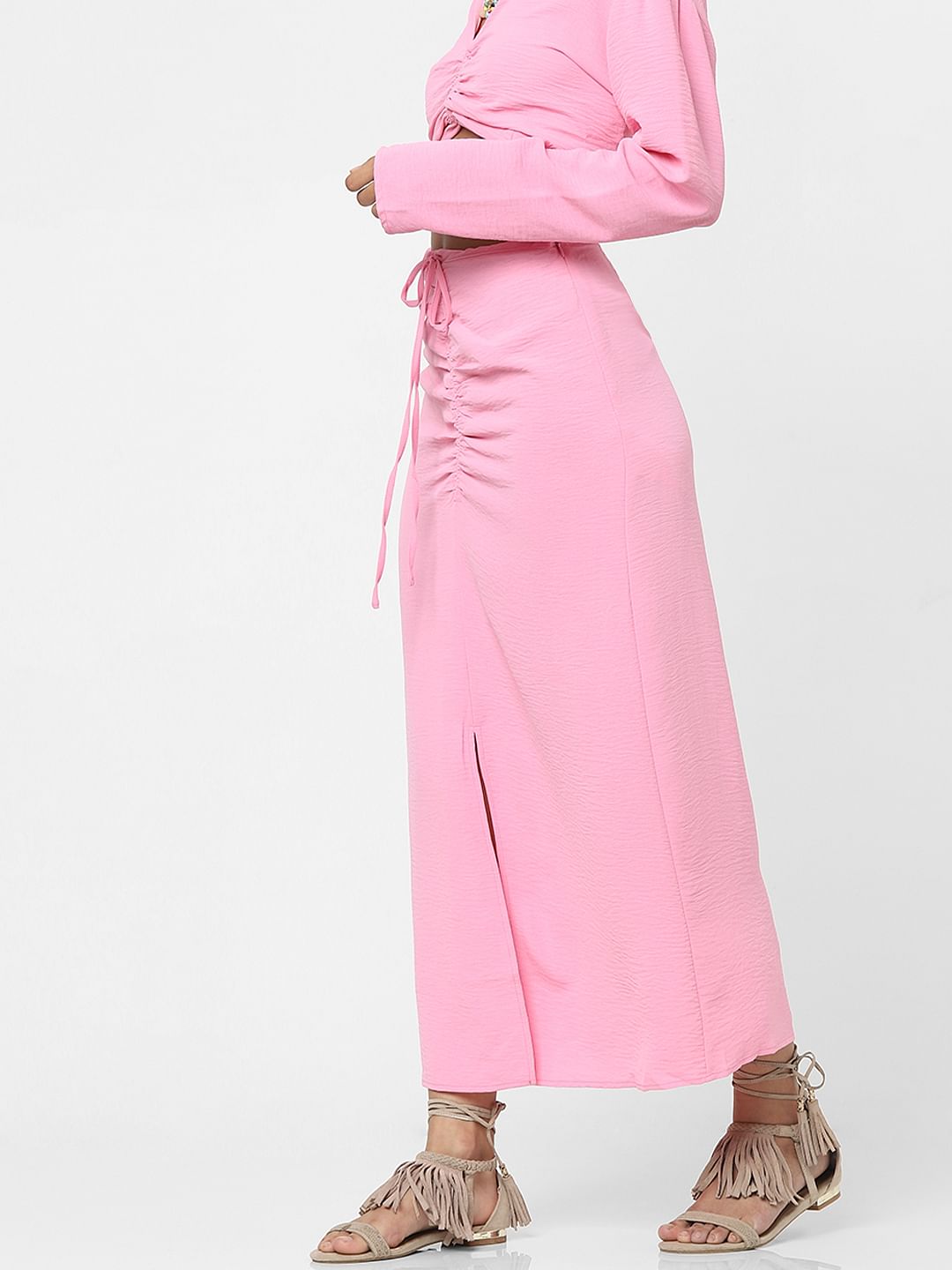 Pink Ruched Detailing Midi Skirt