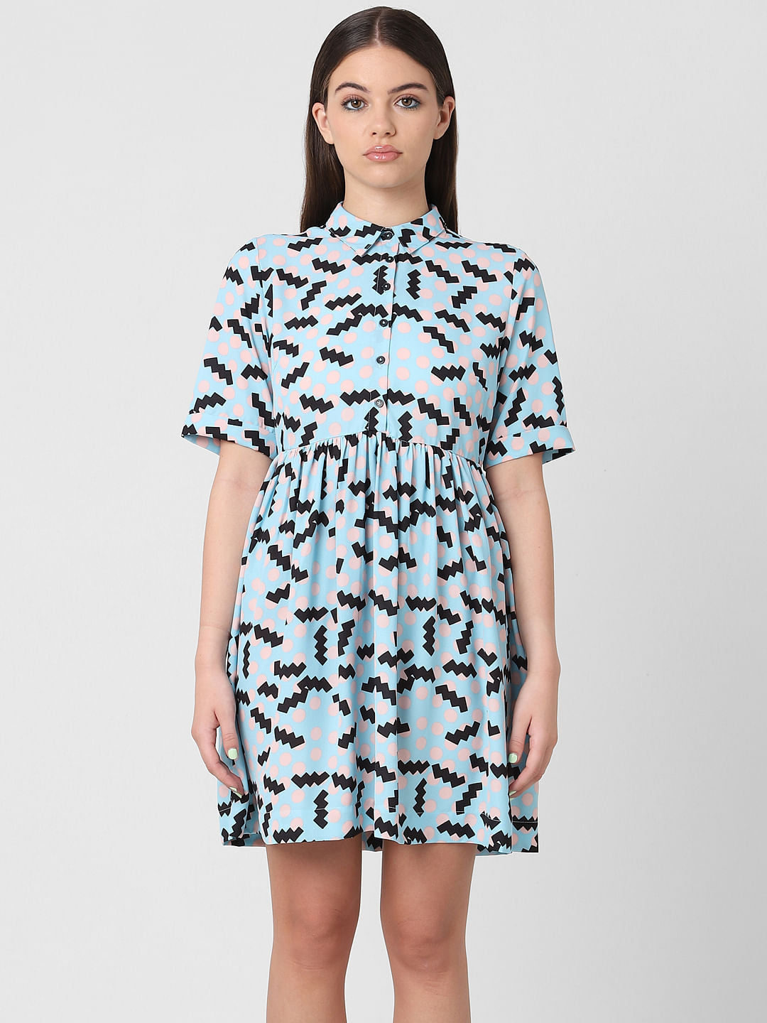 Blue Printed Mini Shirt Dress