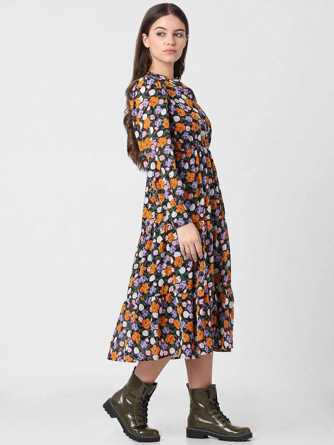 Black Floral Print Midi Dress