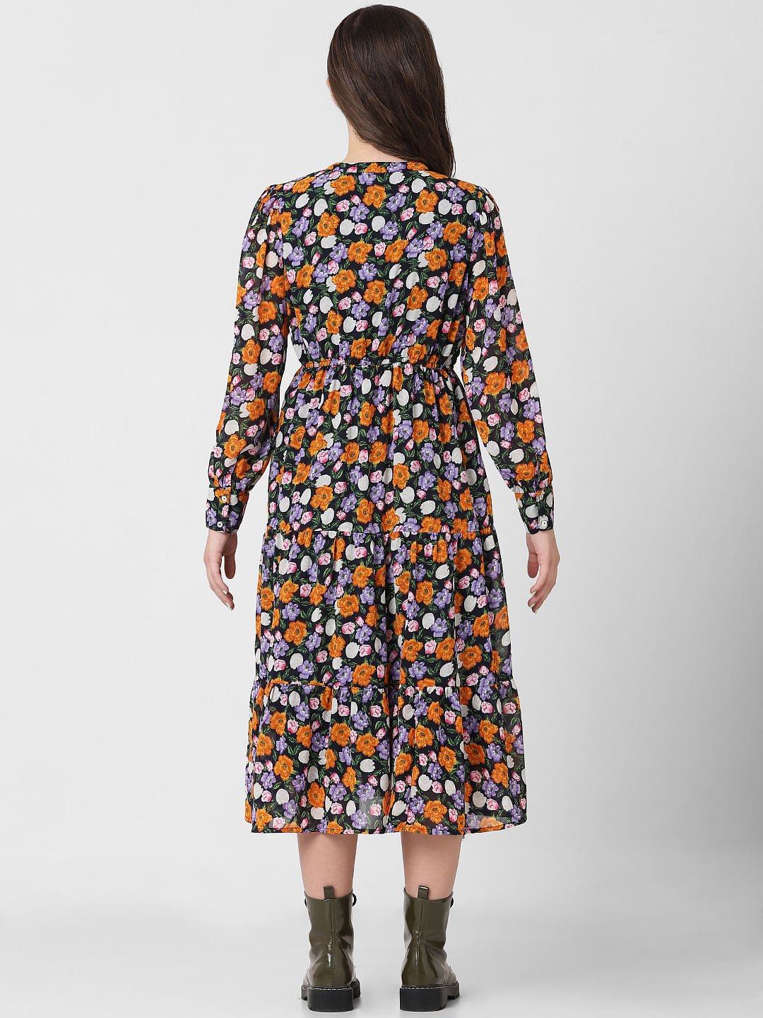 Black Floral Print Midi Dress