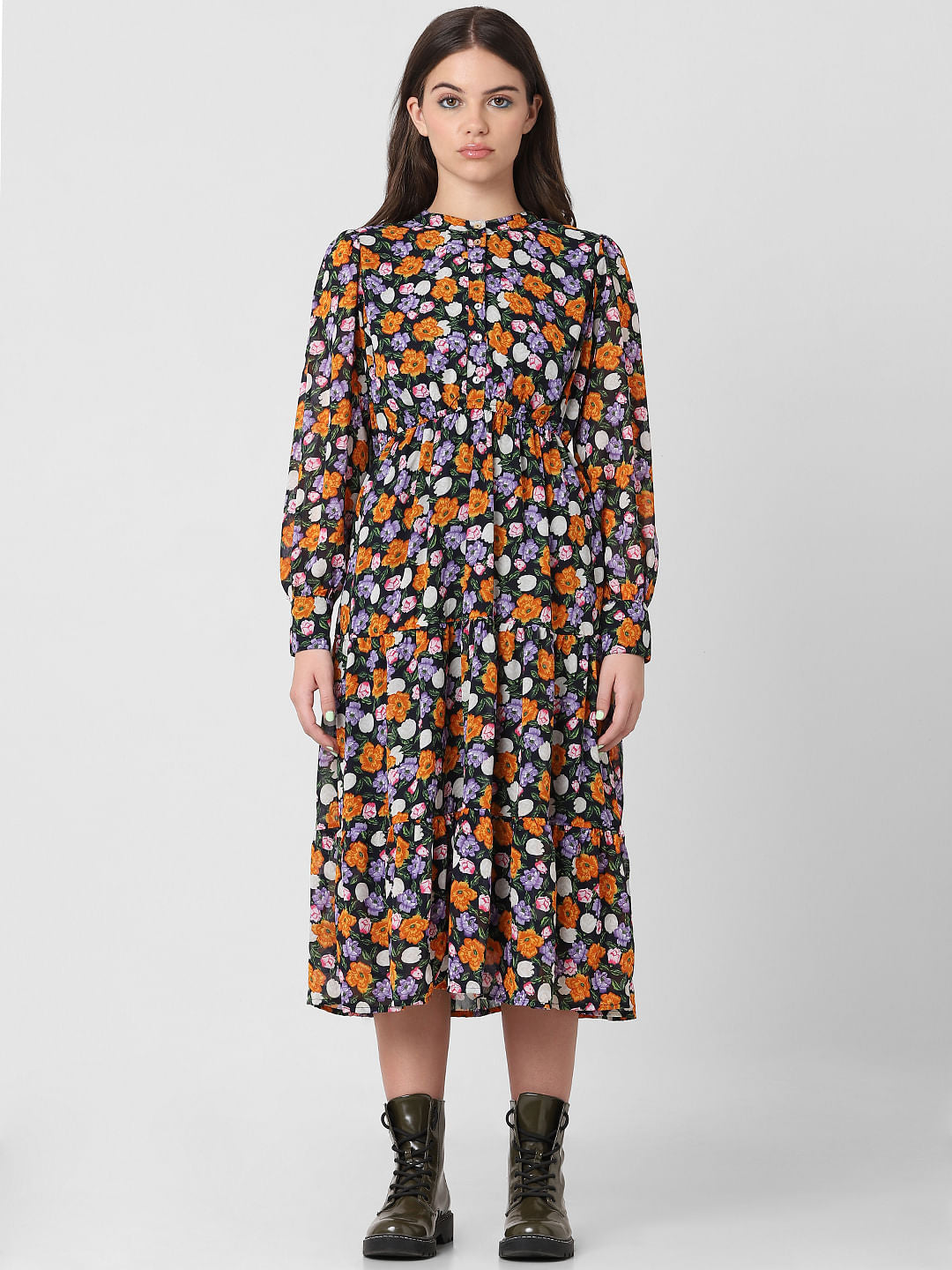 Black Floral Print Midi Dress