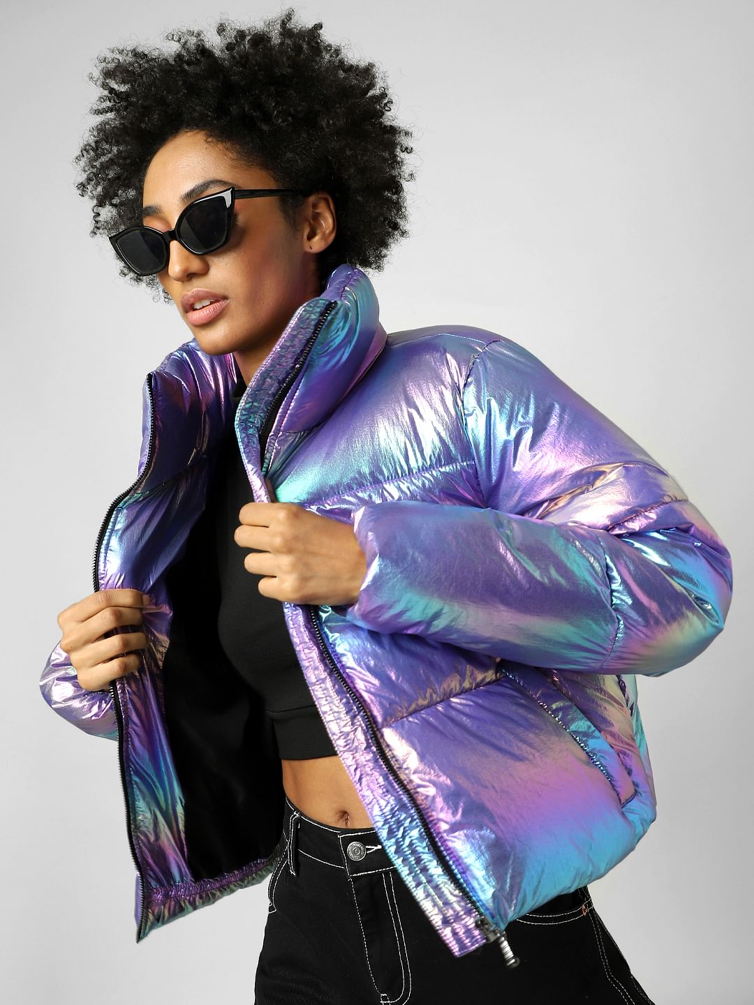 Metallic High Neck Puffer Jacket