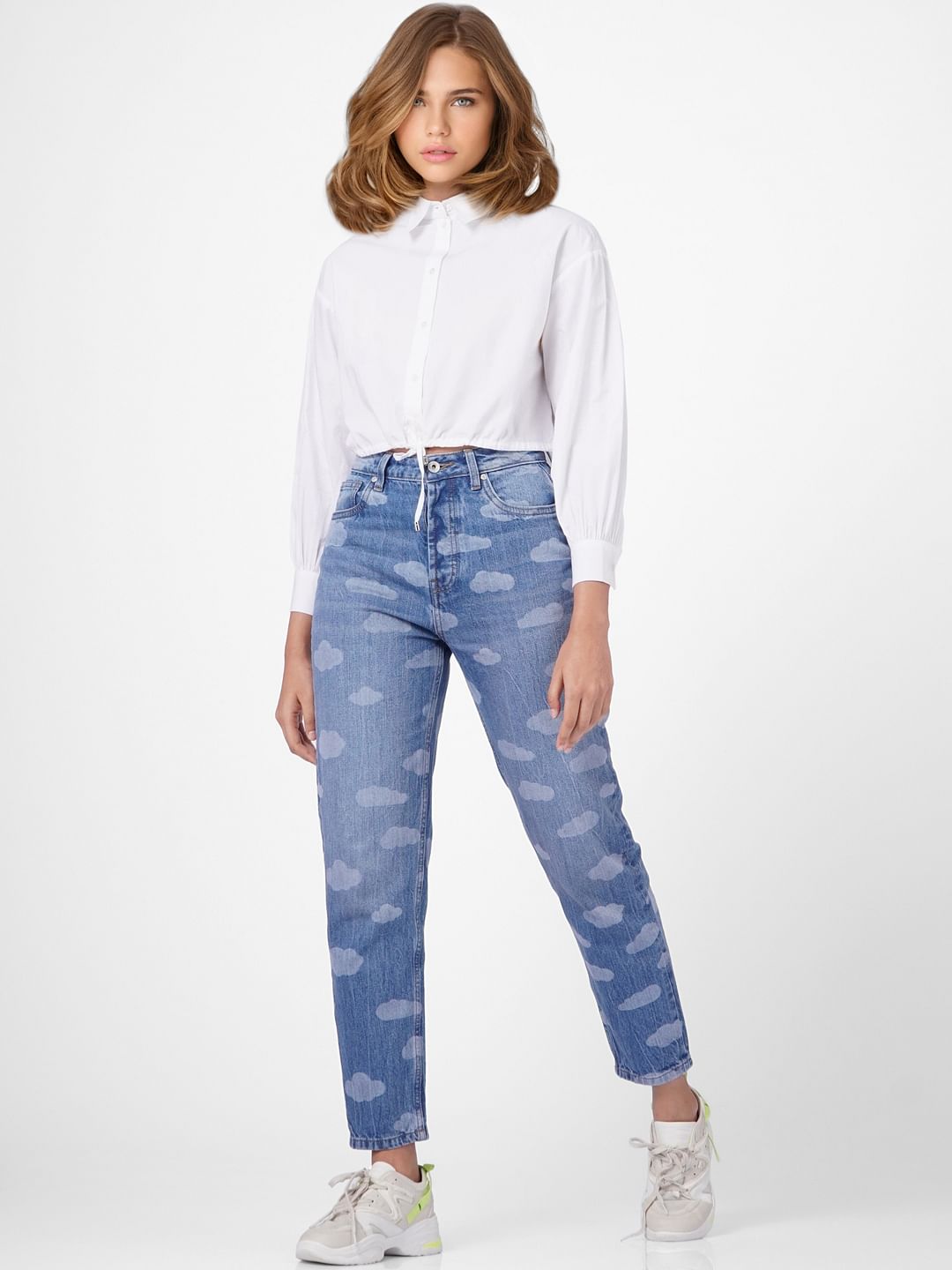 Blue High Rise Cloud Print Mom Jeans