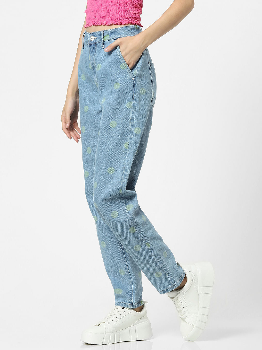 Blue High Rise Polka Dot Baggy Jeans