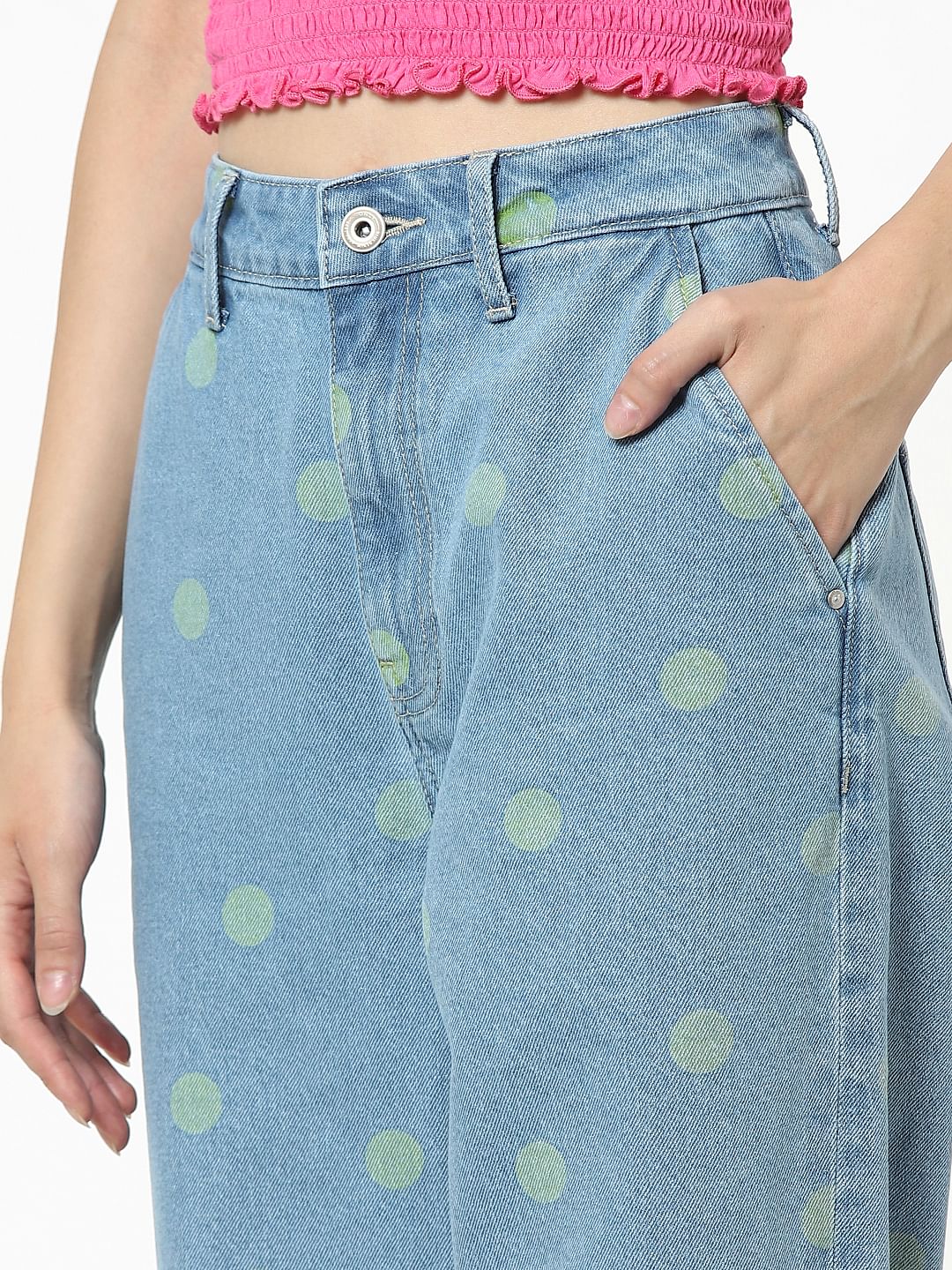 Blue High Rise Polka Dot Baggy Jeans