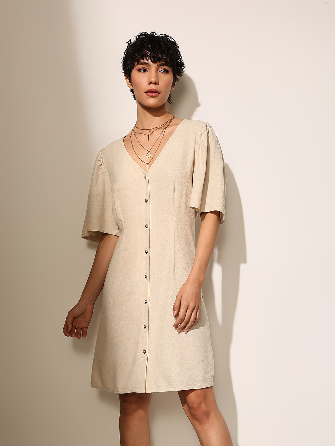 Beige V-Neck Dress