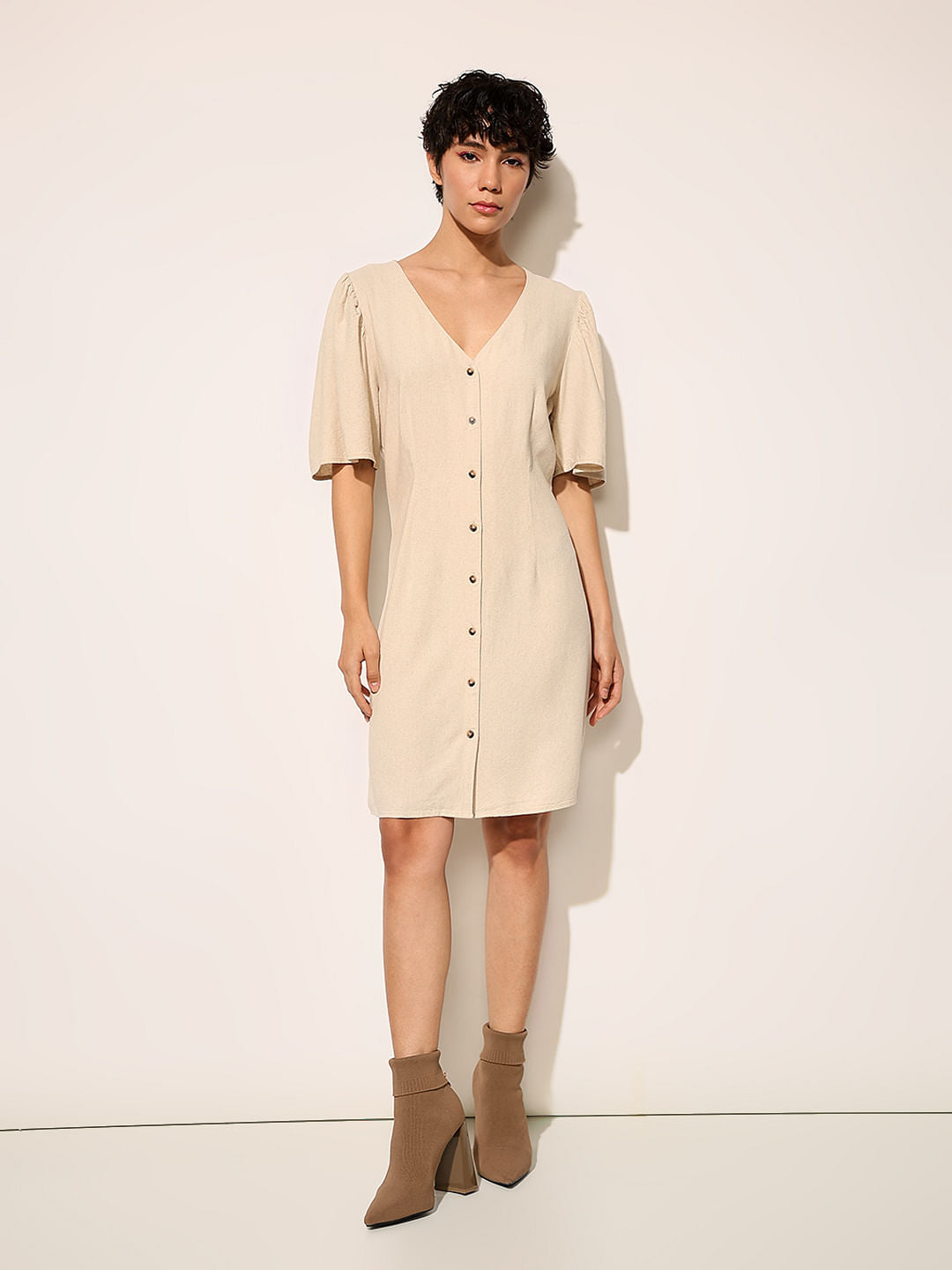 Beige V-Neck Dress