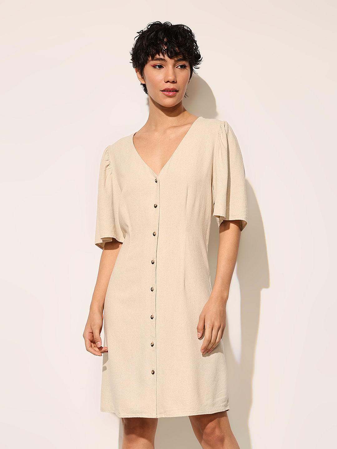 Beige V-Neck Dress