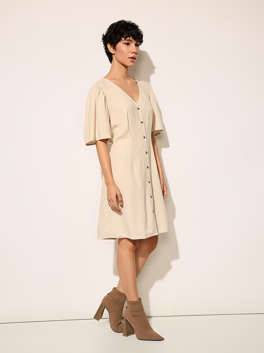 Beige V-Neck Dress
