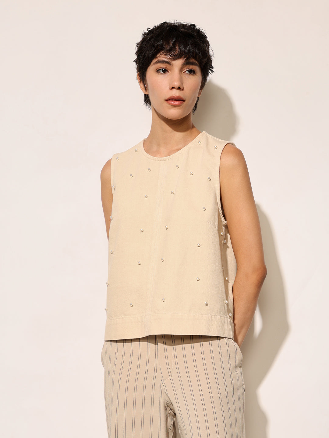 Beige Pearl Embellished Cotton Top