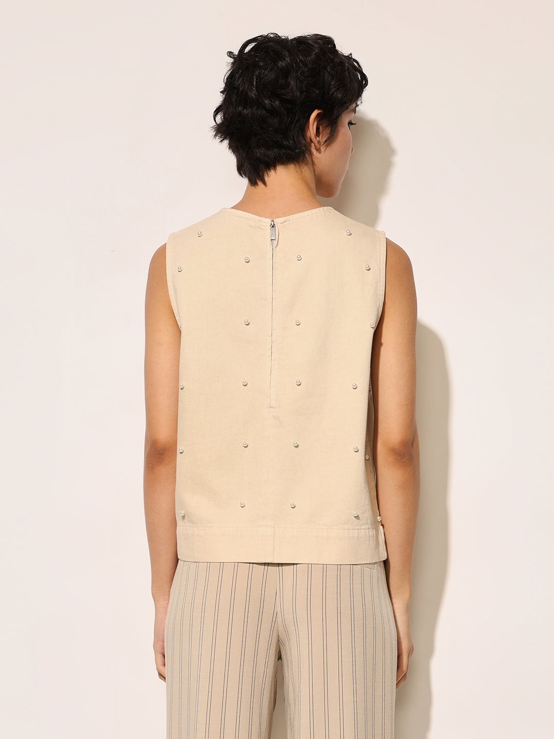 Beige Pearl Embellished Cotton Top