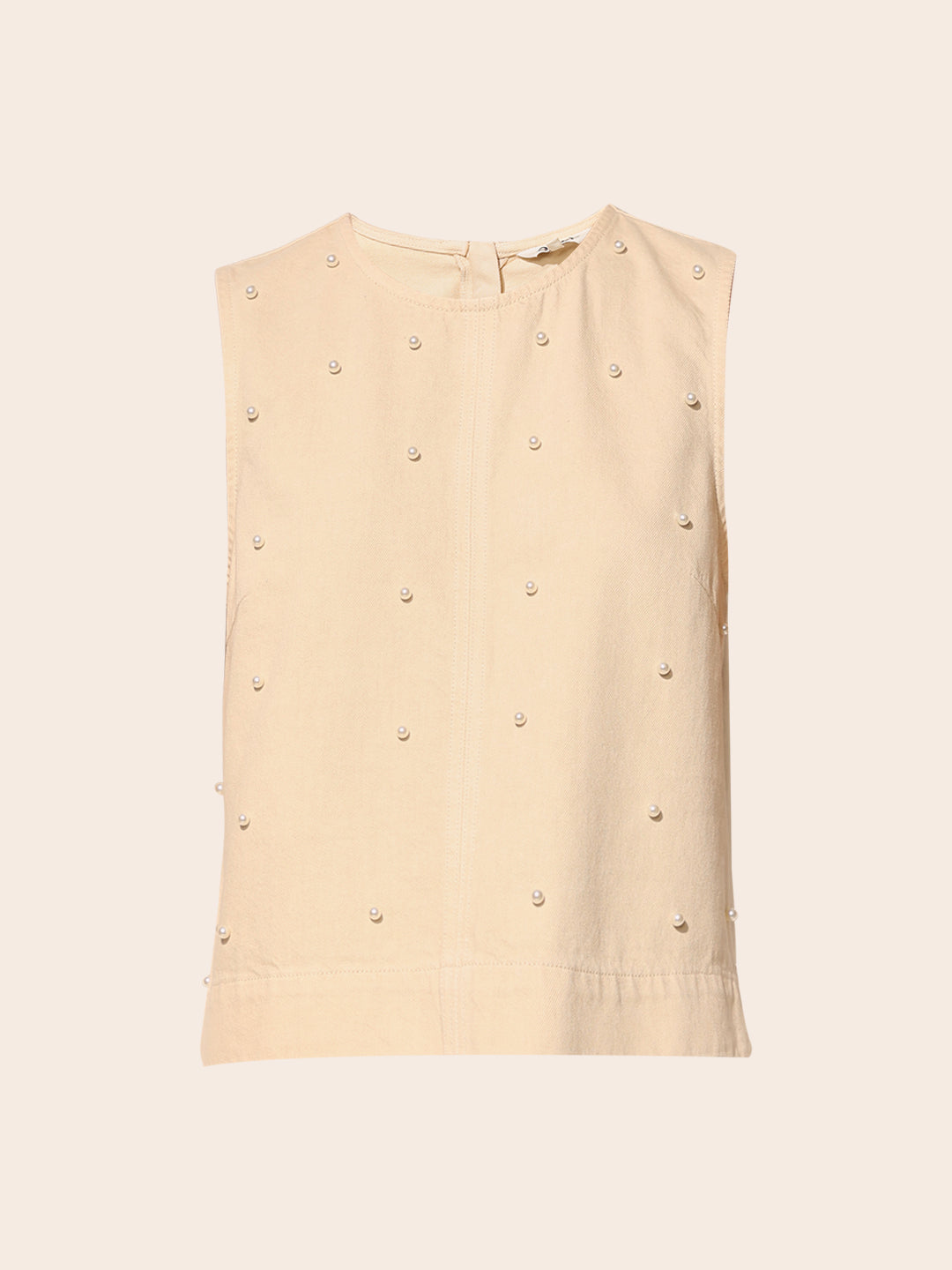 Beige Pearl Embellished Cotton Top