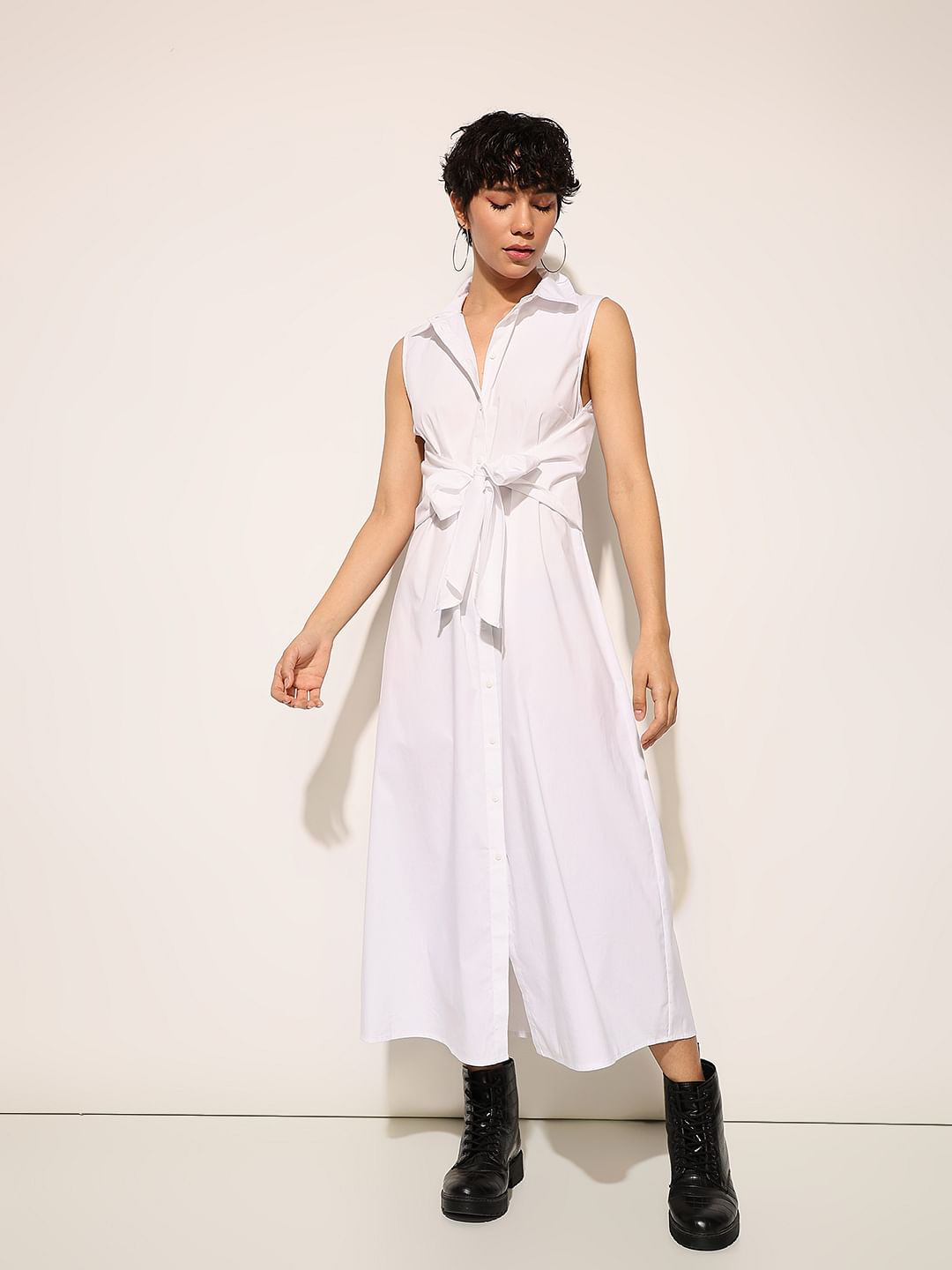 White Tie Belt Shirt Dress