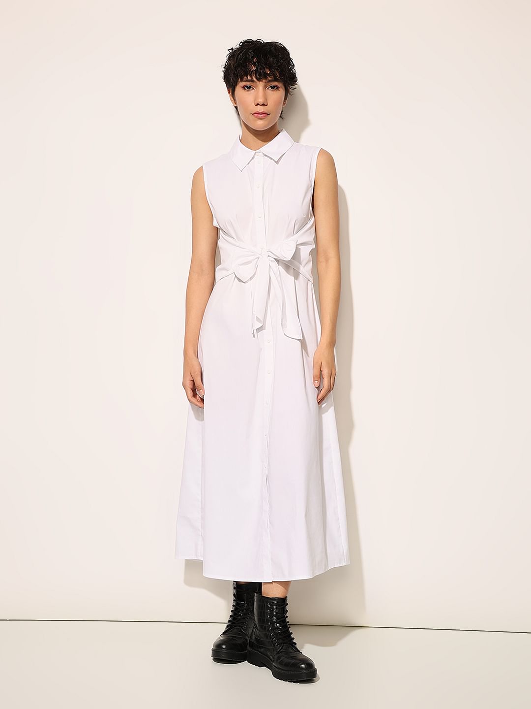 White Tie Belt Shirt Dress