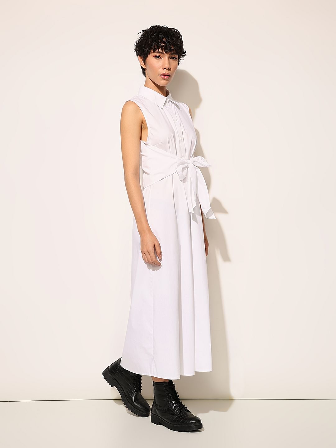 White Tie Belt Shirt Dress
