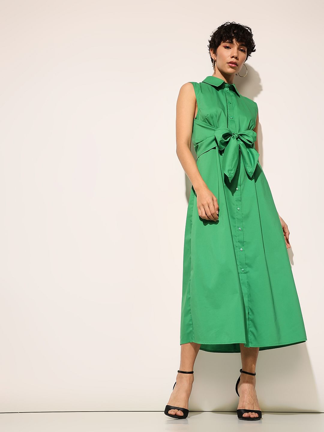 Green Tie Belt Shirt Dress