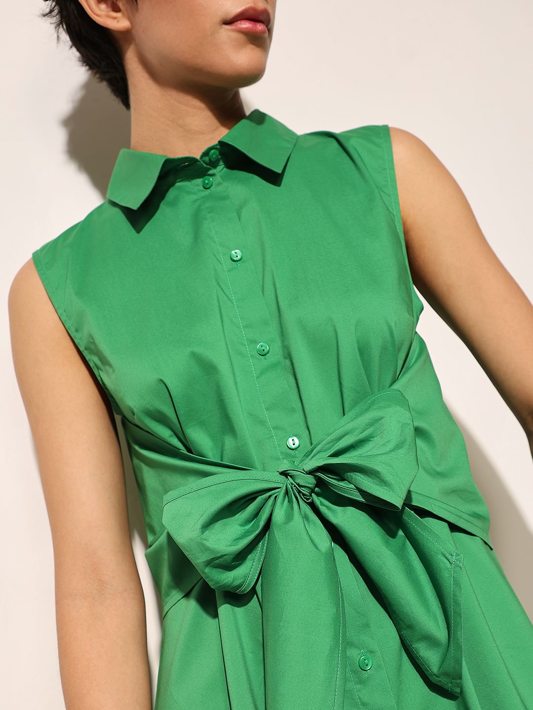 Green Tie Belt Shirt Dress