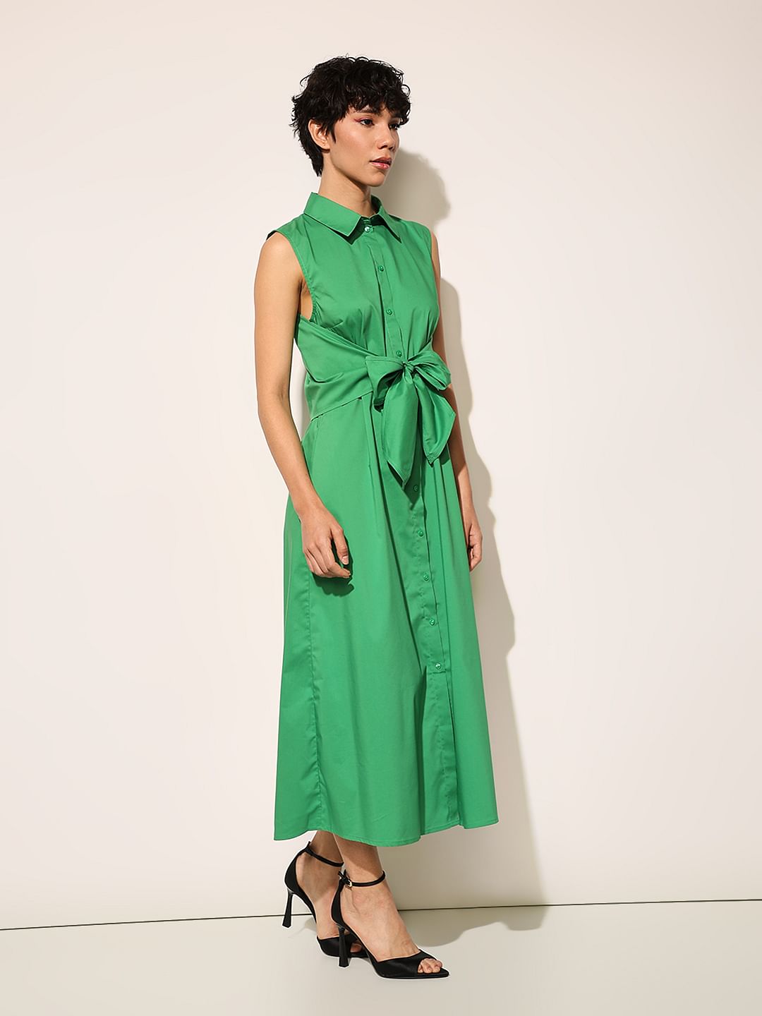 Green Tie Belt Shirt Dress