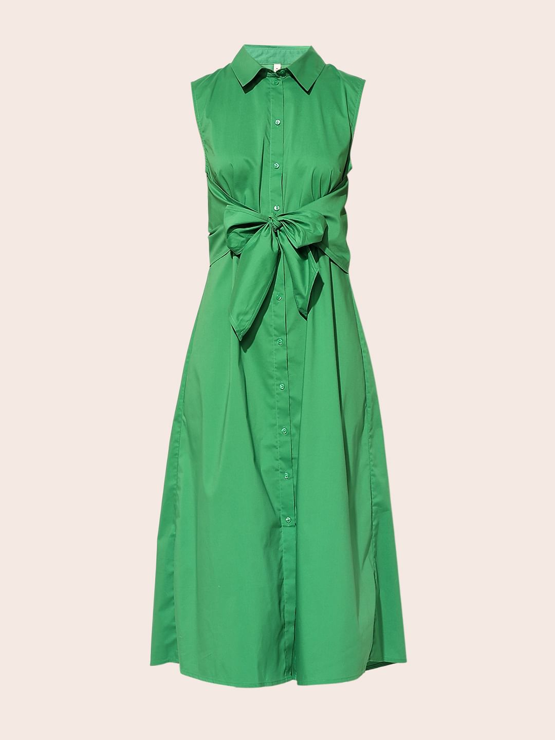 Green Tie Belt Shirt Dress