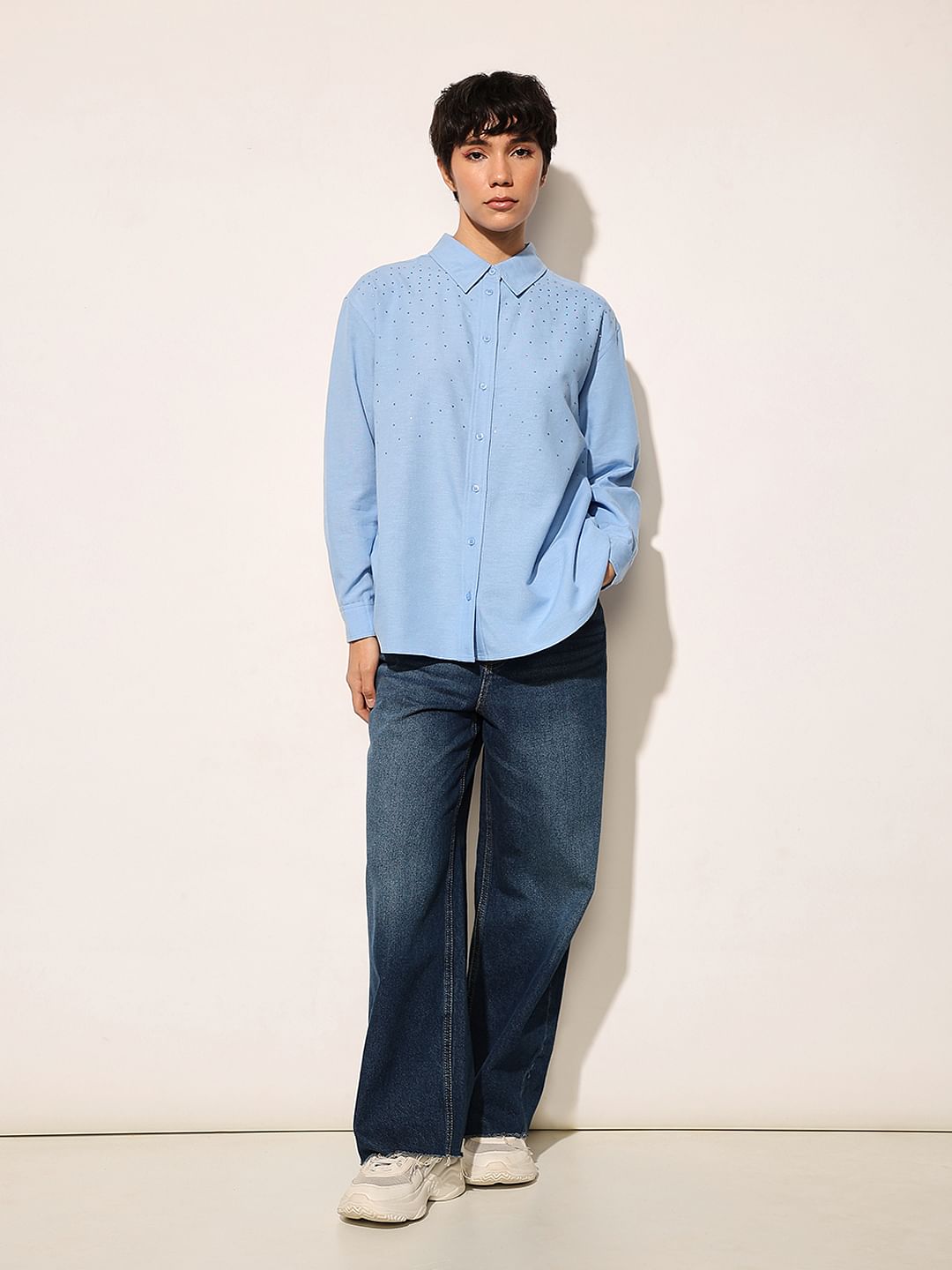 Blue Rhinestone Detail Shirt