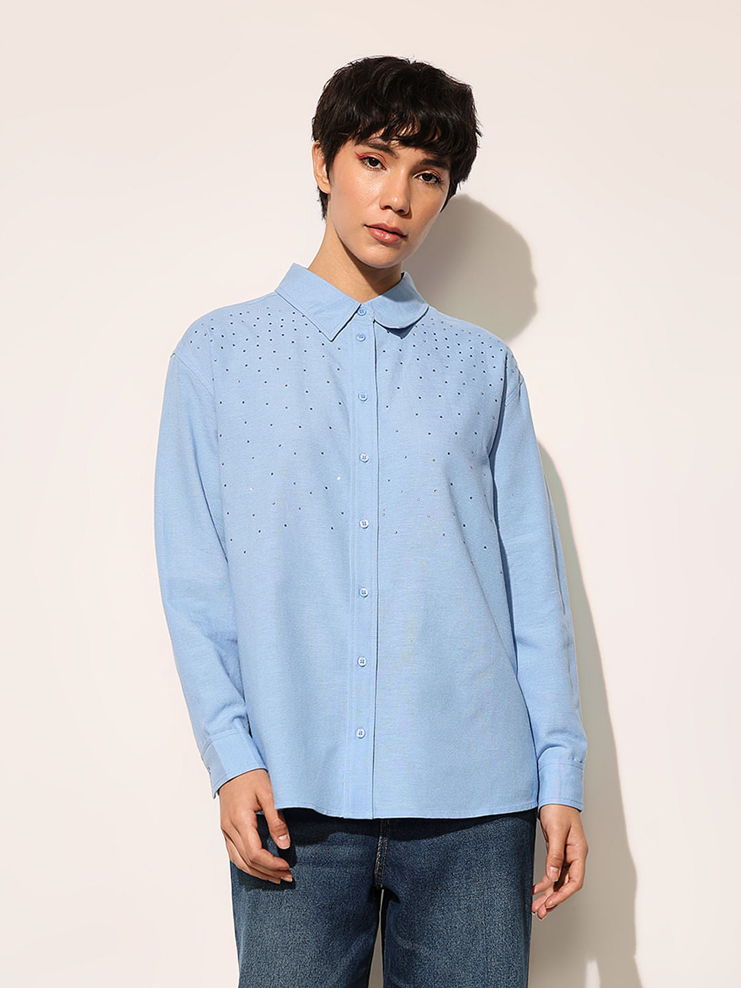 Blue Rhinestone Detail Shirt