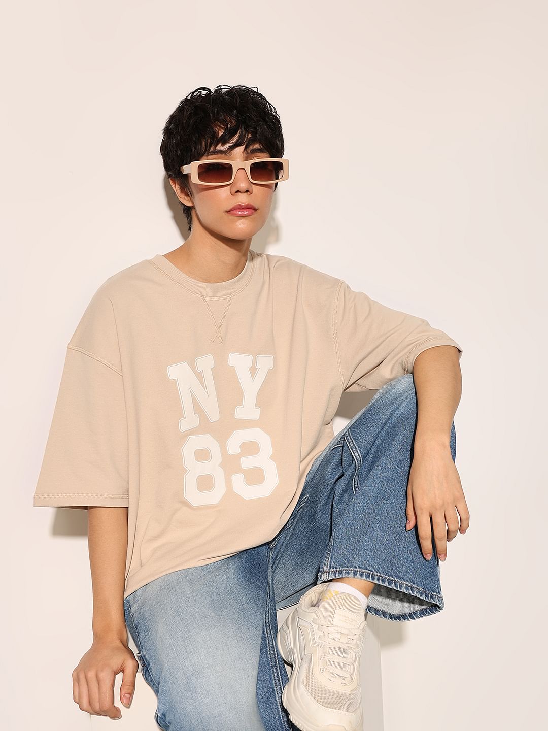 Beige Printed Oversized T-Shirt