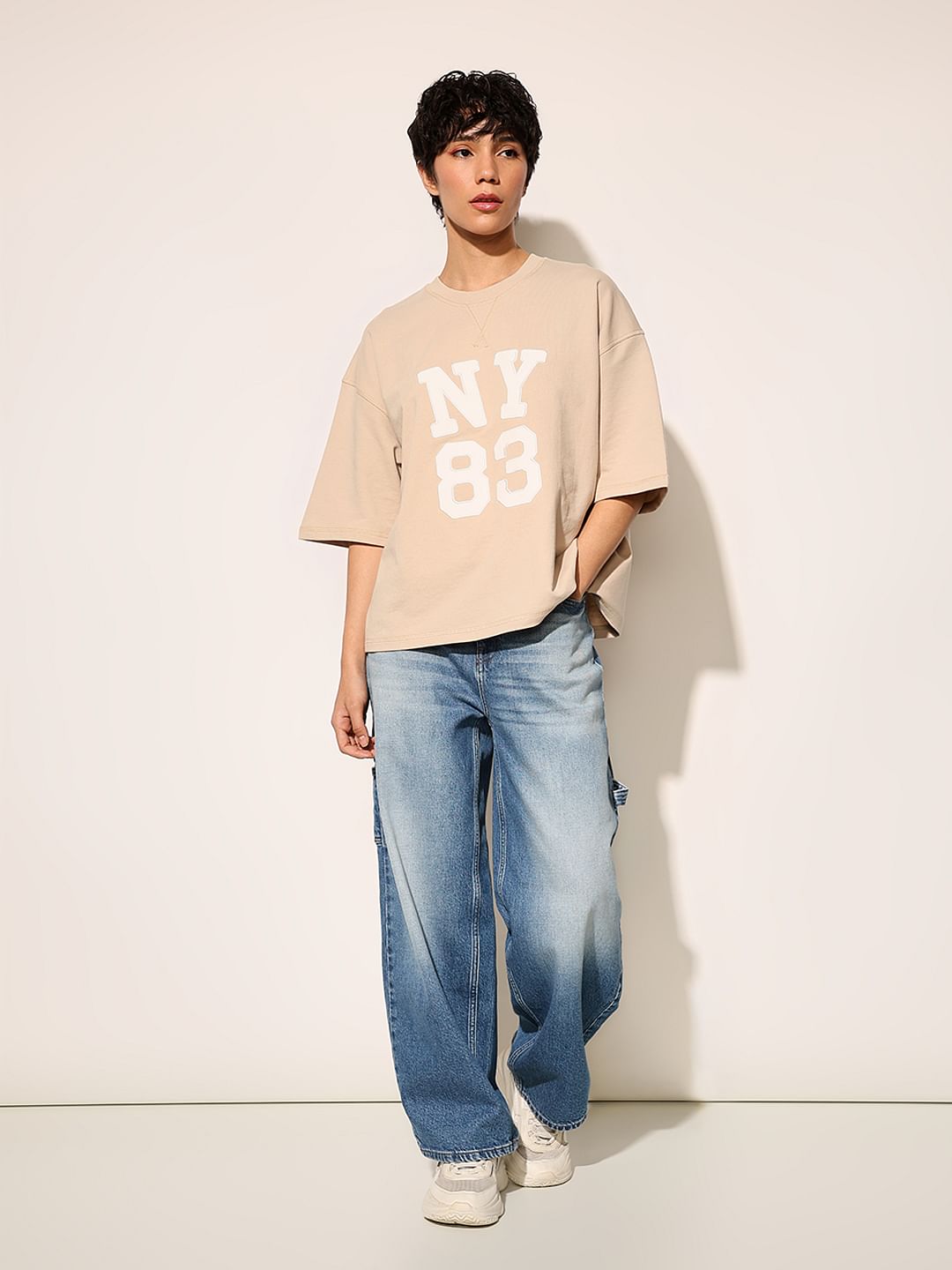 Beige Printed Oversized T-Shirt