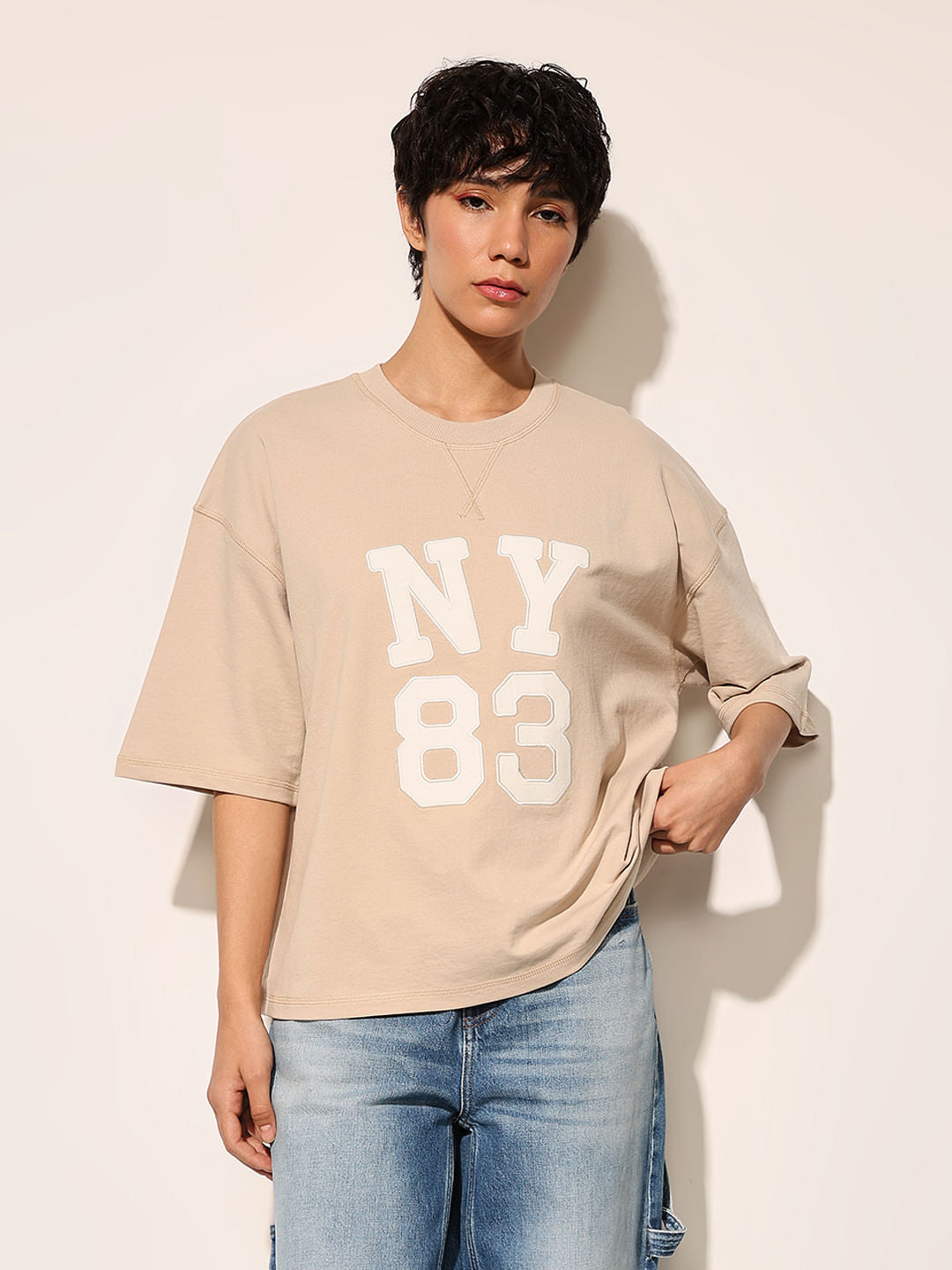 Beige Printed Oversized T-Shirt