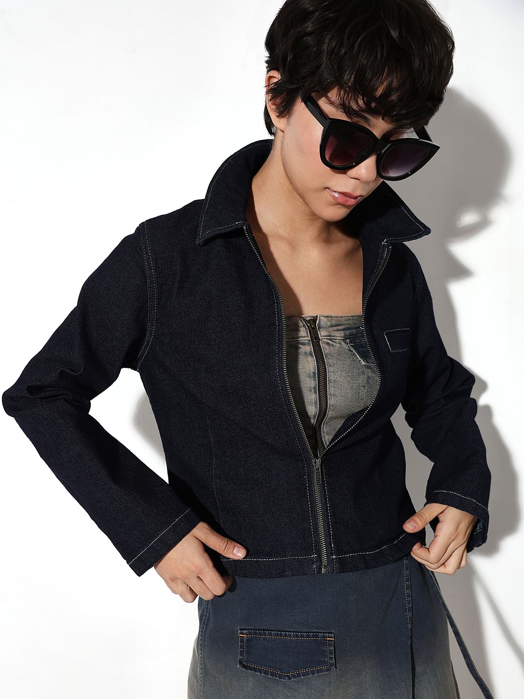 Dark Blue Zip-Up Denim Jacket