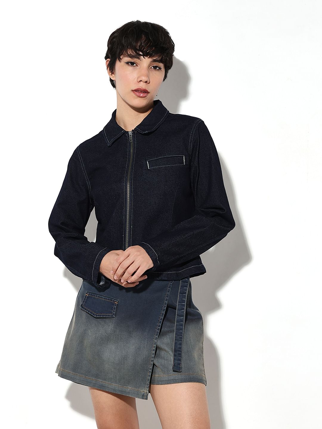 Dark Blue Zip-Up Denim Jacket