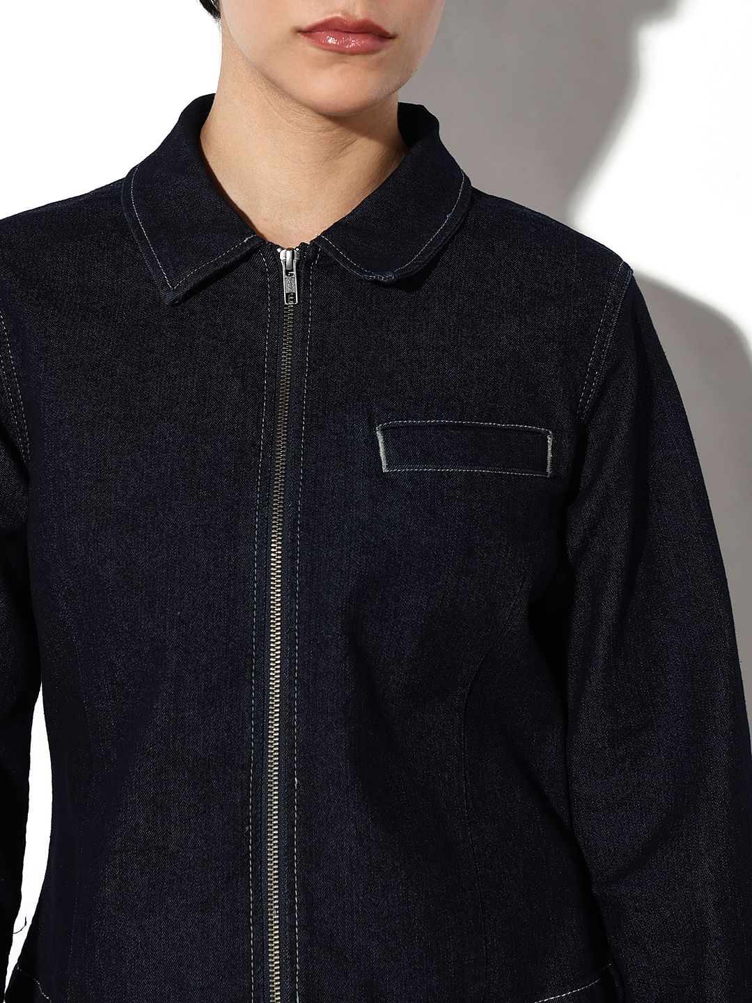 Dark Blue Zip-Up Denim Jacket