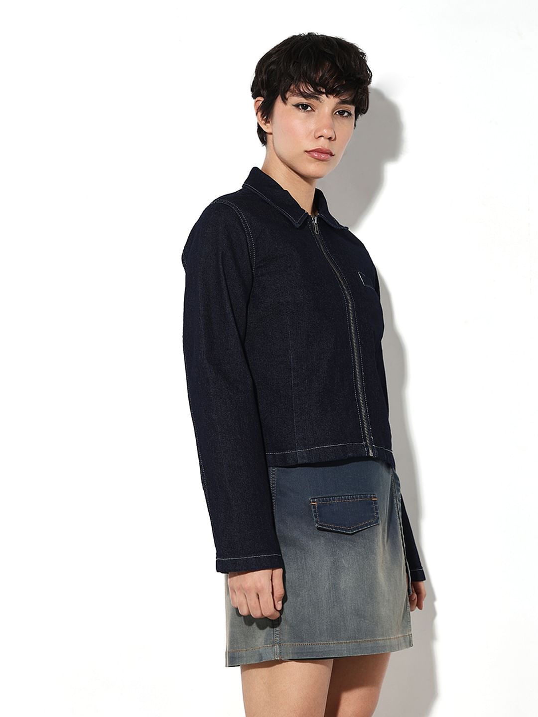 Dark Blue Zip-Up Denim Jacket