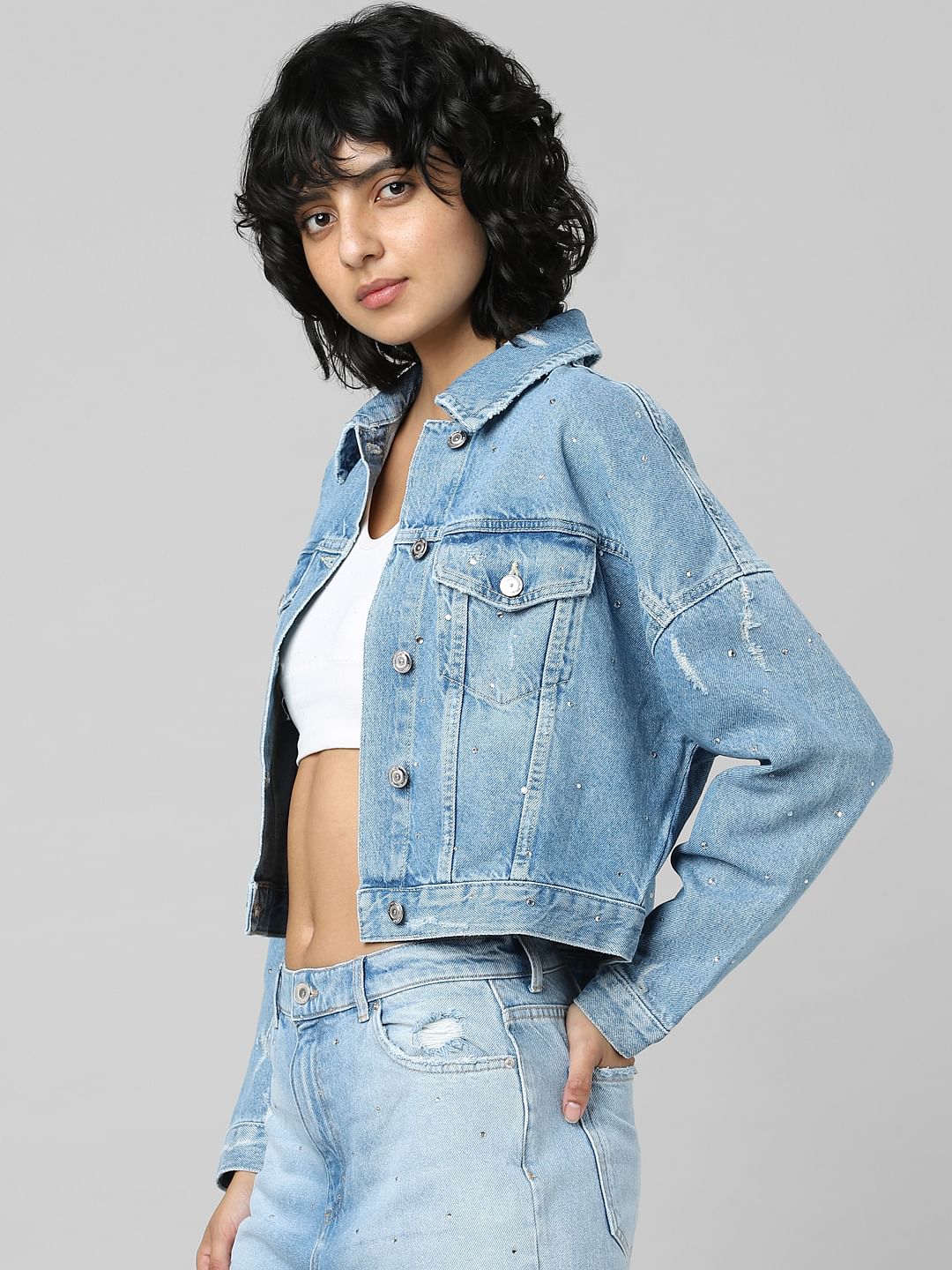 Blue Rhinestone Detail Denim Jacket